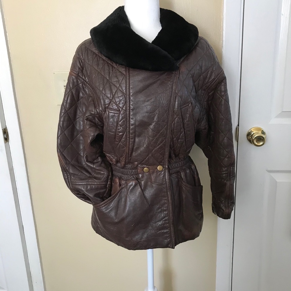 Vintage Barcelona brown leather & fur motor jacket